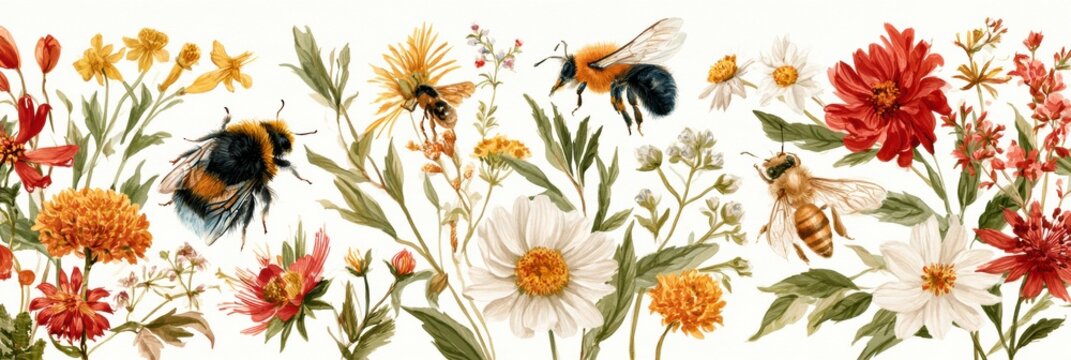Various bee species like bumblebee, mason bee, leafcutter bee, and honeybee surrounded by their favorite flowers.