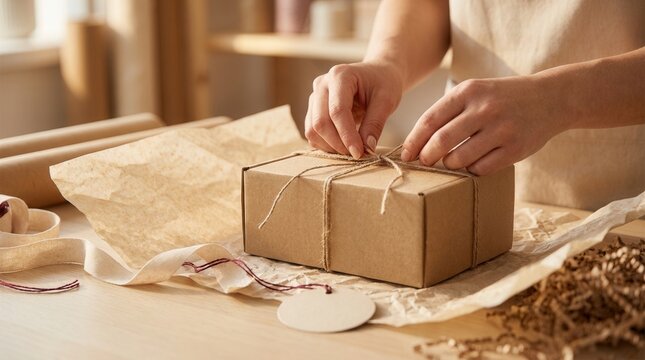 Hands tie a natural string ribbon around a small cardboard box package.