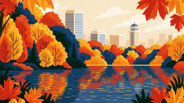 Minimalist autumn urban oasis by lake, colorful fall foliage, distant city buildings, geometric design, warm color palette, clean vector art style, seasonal stock illustration.