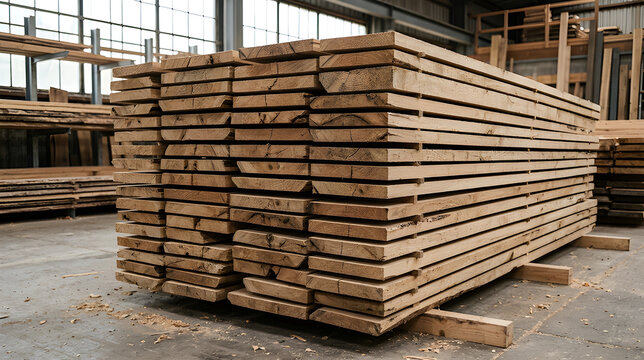 Stacked raw wooden planks stored in a large industrial lumber warehouse facility