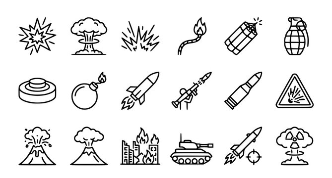 Set of black and white line art icons representing explosions weapons war and natural disasters