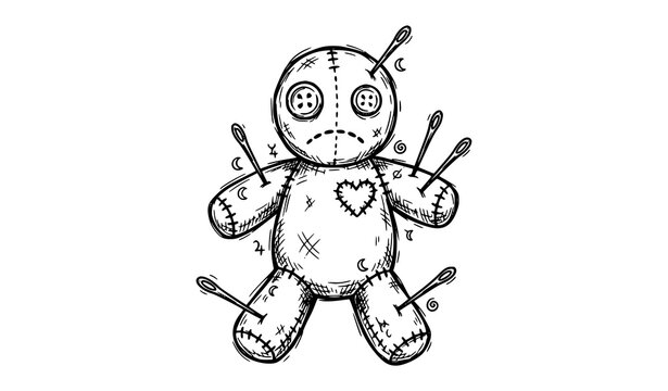 Hand drawn illustration of a voodoo doll with needles and button eyes on a white background