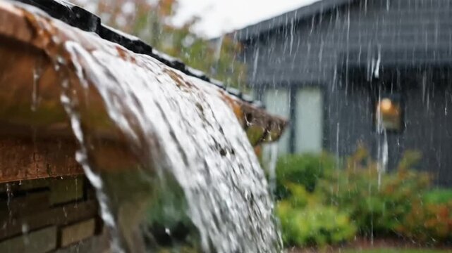 Rainwater pours from a copper gutter during a storm on a cloudy day with leaves in autumn
