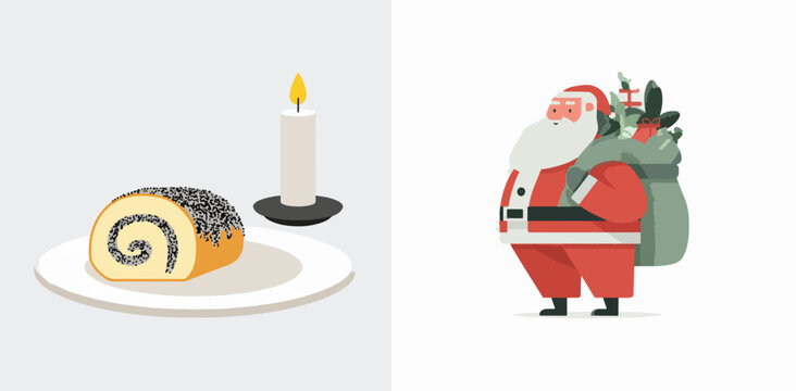 Santa Claus with Yule Log Cake and Candle for Christmas Holiday