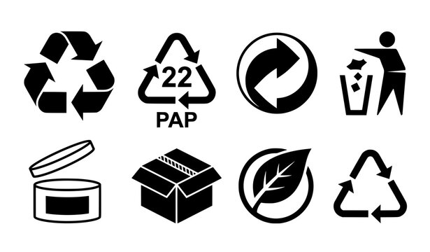 Set of black recycling and packaging symbols including paper plastic and environmental icons on white background