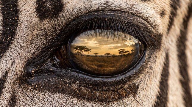 Extreme close-up macro of a zebra eye with clear details reflecting an expansive African savanna and scattered clouds.