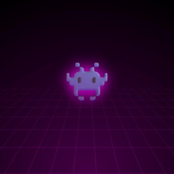 Retro pixel art alien on neon grid background in dark space