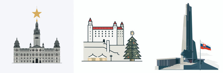 Obraz premium Illustrated European Landmarks with National Symbols