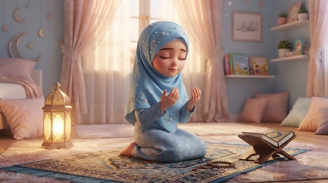 Cute muslim girl praying in a cozy room during ramadan