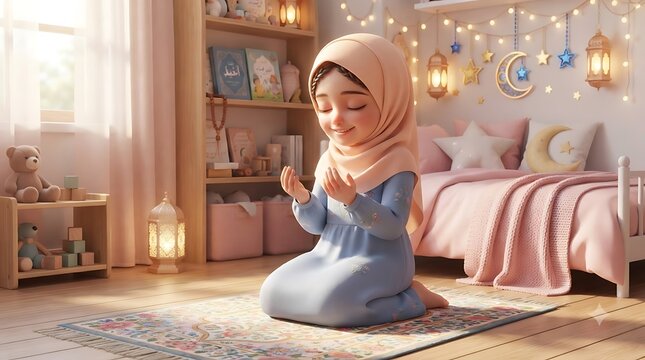 Cute muslim girl in hijab praying peacefully in her charming room