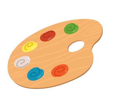 Vector illustration of a wooden paint palette with colorful pigments. Flat isolated art object for painting and creativity.