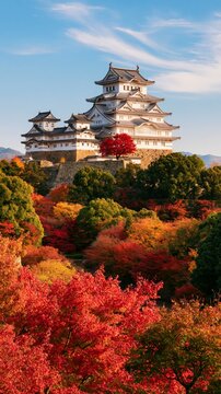 a traditional Japanese castle situated atop a hill, surrounded by a lush landscape of vibrant autumn foliage. The castle has a white facade with intricate black and white detailing, and a tall.
