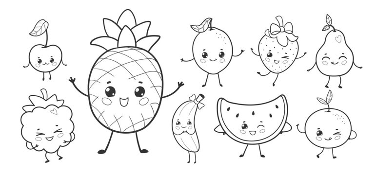 Cute fruit characters in black and white line art. Vector illustration of smiling pineapple, berries, pear and watermelon.