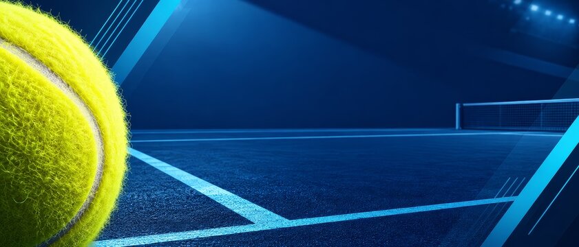 Dynamic tennis matchday background with vibrant yellow tennis ball and court for tournament announcements and banners