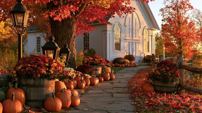 a serene autumn scene depicts a quaint white church with arched windows and a steeply pitched roof. The church is surrounded by trees with vibrant red, orange, and yellow leaves, indicating fall.