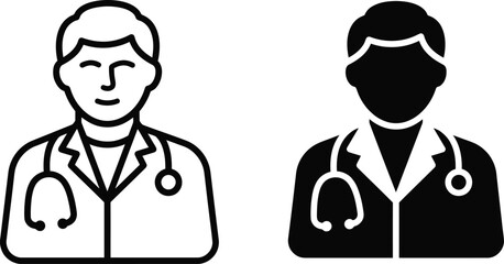 Fototapeta premium Set of male doctor icons with stethoscope in outline and solid black style for medical website design