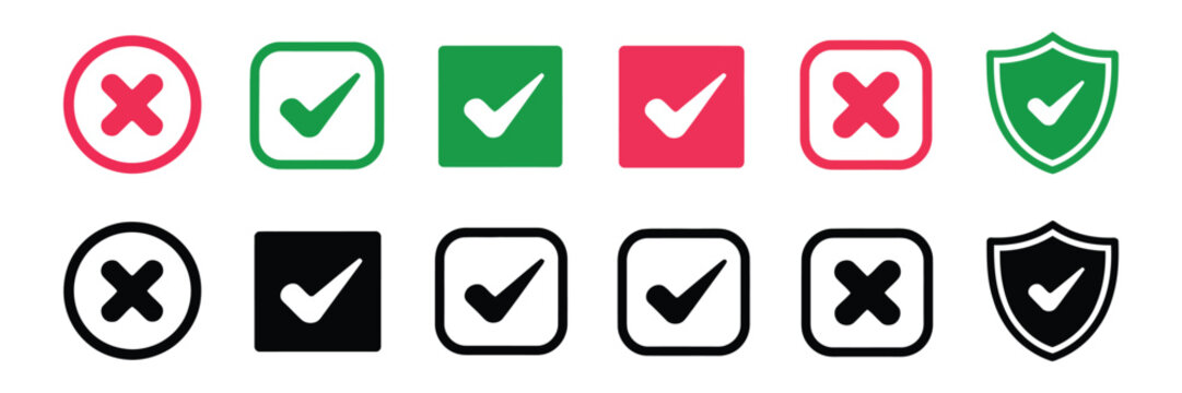 Check mark icon vector featuring checkbox symbols, approval ticks, and rejection crosses for web, mobile, interface, and digital design.