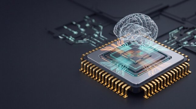 Cyber neural ai chip promotion banner for e-commerce sale showing tech with blank space for text