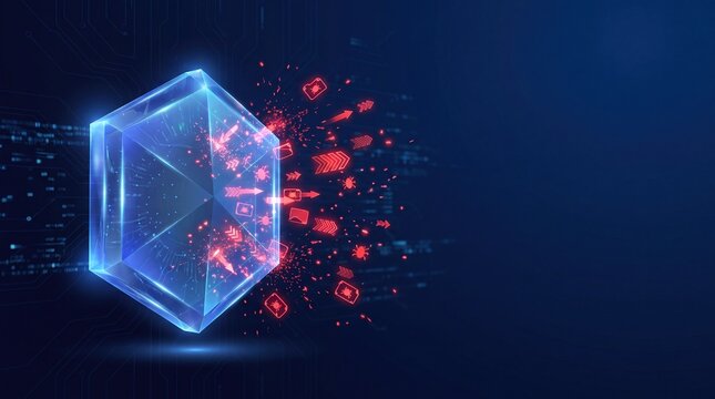 Commercial 3D e-commerce sale promotion banner showing a cyber data firewall shield with copy space