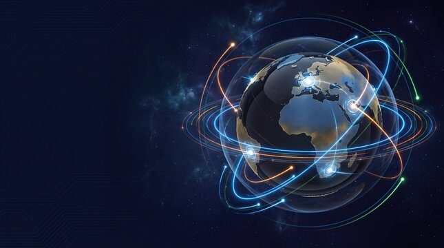 Commercial 3D e-commerce sale promotion banner with network globe and grid for use in digital marketing