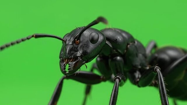 Detailed macro shot of a black ant head with antennae and mandibles, isolated on a green screen chroma key background