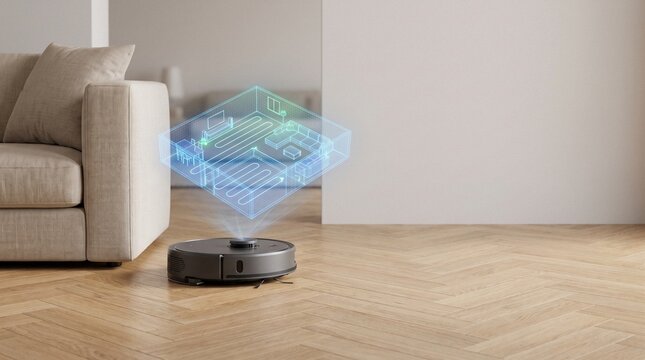 Robot vacuum cleaner projecting 3D holographic floor plan map on parquet floor