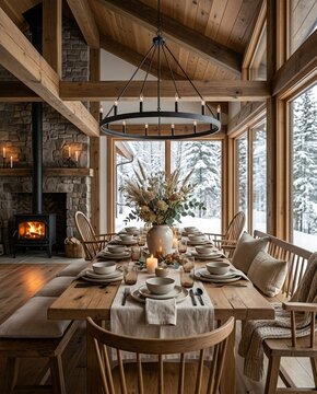 Cozy rustic dining room with a beautifully set wooden table, stone fireplace, warm candlelight and panoramic snowy forest views, creating a luxurious winter cabin interior for holiday hospitality.