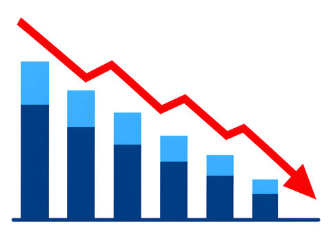 Declining business bar chart, red arrow falling, financial loss graph isolated on Transparent Background
