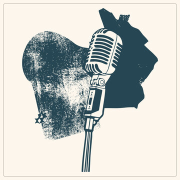 Retro dynamic mic, the classic crooners "candy bar" on a tilt stand, rendered in distressed stencil style. Behind it, a rough splatter blotch with stars gives this stage mic a raw gig poster feel.