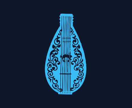 Flat vector lute (mandolin like, pear shaped theorbo) in bright blue with dark ornamental filigree. Stencil style cutout of strings, frets and swirling scrollwork on transparent background.