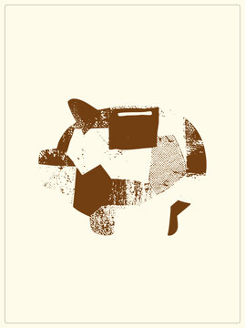 Grungy piggy bank of torn stencil fragments, coin slot atop its patchwork body. Folk names like penny hog and money pig fit this vintage print style savings, perfect for finance graphics.