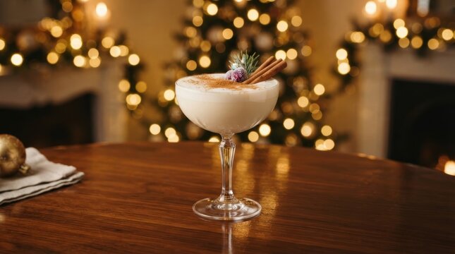 Festive Eggnog Cocktail: A creamy eggnog cocktail garnished with a cinnamon stick and rosemary sprig sits on a wooden table in front of a blurred backdrop of festive Christmas lights.