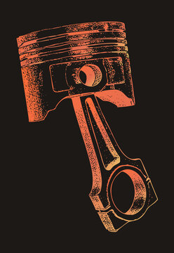 Hot rod engine piston with its con rod rendered in gritty grunge stencil style, glowing orange gradient over black. Biker garage art of the slug and conrod, perfect for horsepower culture designs.