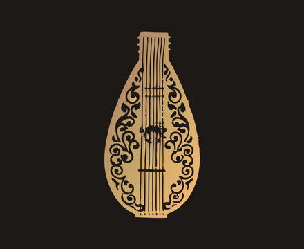 Warm amber lute, old world mandolin ancestor with swirling filigree on its teardrop body. Classic stringed instrument cutout for heritage music themes.