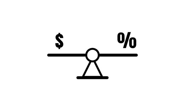 Balance scale icon showing a dollar sign and a percentage symbol on either side representing financial rate comparison and interest calculation shown