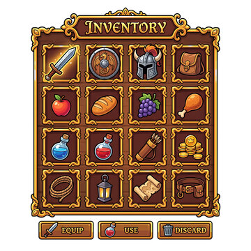 Medieval RPG Inventory UI Game Asset with Food Items and Golden Frame