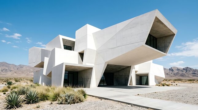 Geometric Concrete House Architecture in a Desert Landscape Exterior View