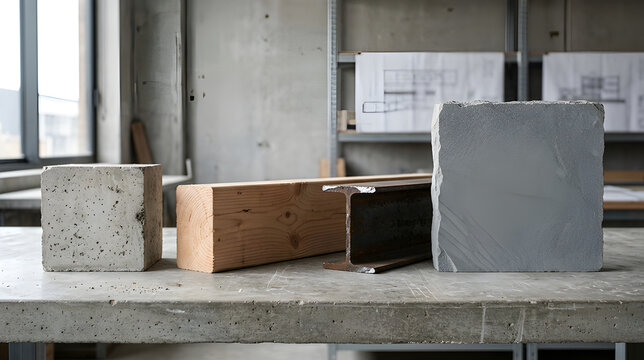 Concrete blocks and wooden crate displayed on industrial workbench in construction warehouse with copy space