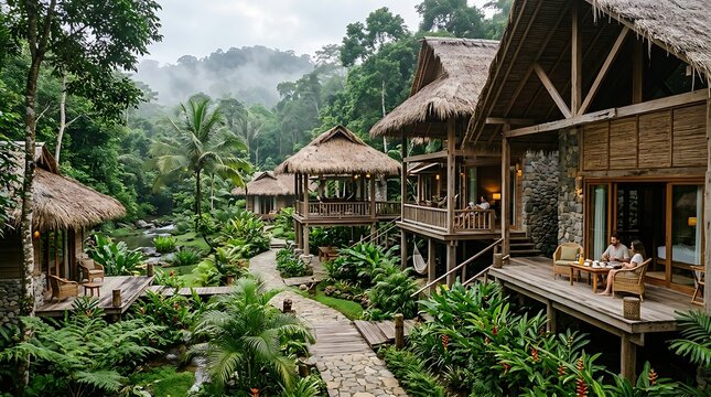 Scenic view of eco-lodges surrounded by lush vegetation in a tropical rainforest resort