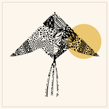 Stylized patang kite covered in collage doodles, dots and abstract patches, its tail streaming below a sun disc. This tukkal style flier blends zine collage and boho print aesthetics.