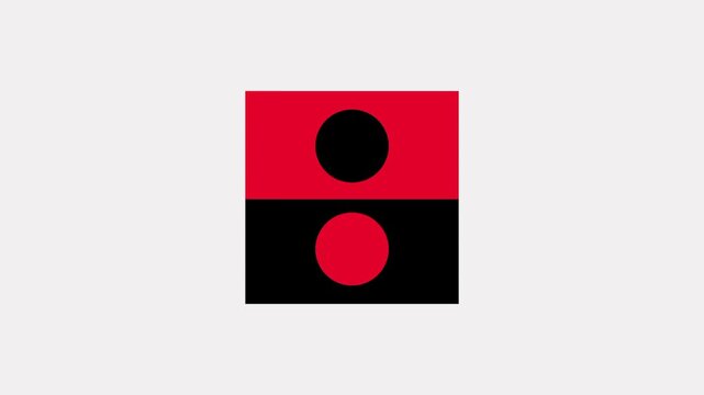 Red and black geometric square icon featuring two circular dots arranged together representing a minimal abstract pattern design element for branding