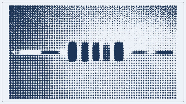 Morse code message rendered as halftone dots, telegraph of dashes and dits pulses in deep navy. This dotted radio transmission, a classic CW keying, fades into grainy print texture.