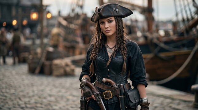 Confident female pirate bounty hunter poses with a pistol in a historic harbor filled with traditional sailing ships