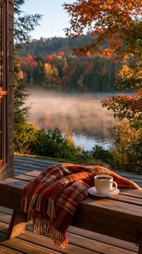 a tranquil lakeside retreat during autumn. A cozy wooden bench with a plaid blanket and a cup of coffee rests on it, overlooking the tranquil lake. The scene is bathed in warm.