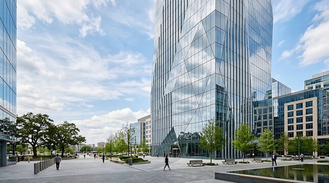 Contemporary Glass Office Tower in a Modern Urban Plaza Square Scene