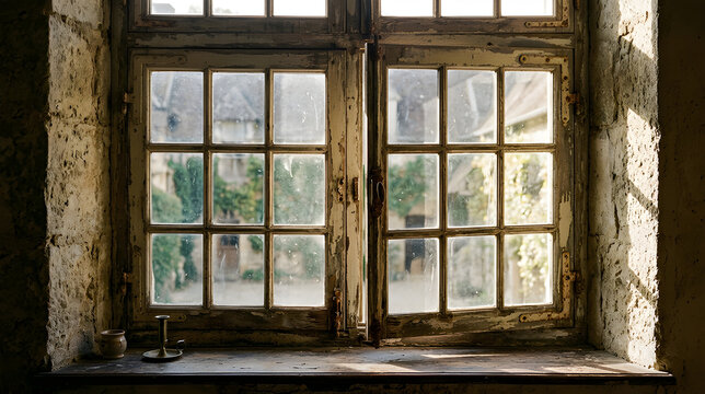 Old rustic wooden window frame with peeling paint overlooking a stone courtyard