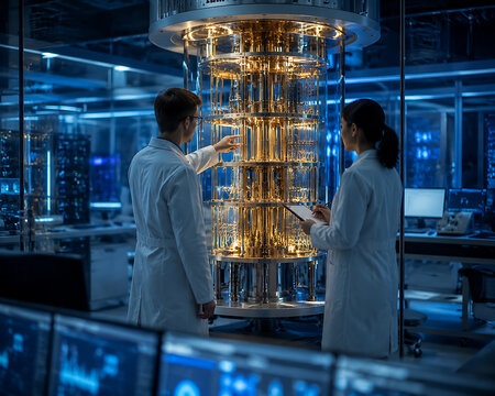 Scientists examine a complex quantum computer within a futuristic laboratory setting