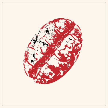 Roasted coffee bean, the classic java seed, rendered as a bold red grunge stamp with speckled ink texture. This caffeine kernel graphic suits rustic cafe signage and roast house packaging.