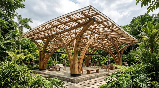 People visiting a contemporary bamboo pavilion in a tropical garden park