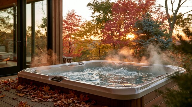 a hot tub filled with water, surrounded by autumn leaves. The hot tub is positioned on a wooden deck, with a glass sliding door to the left.